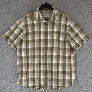 Carhartt relaxed fit mens Large button up short sleeve shirt Plaid Olive & Cream